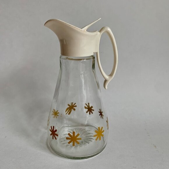 Vintage Log Cabin Syrup Pitcher MCM Gold Atomic Starburst Design Glass Dispenser - Picture 1 of 7
